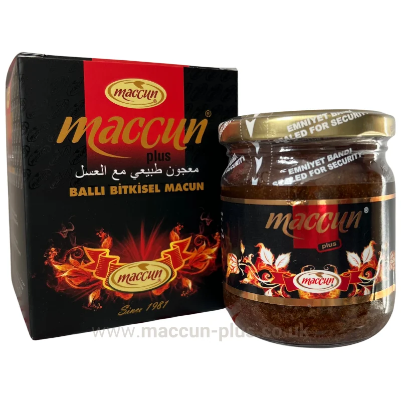Maccun Plus 240g jar shown next to its box